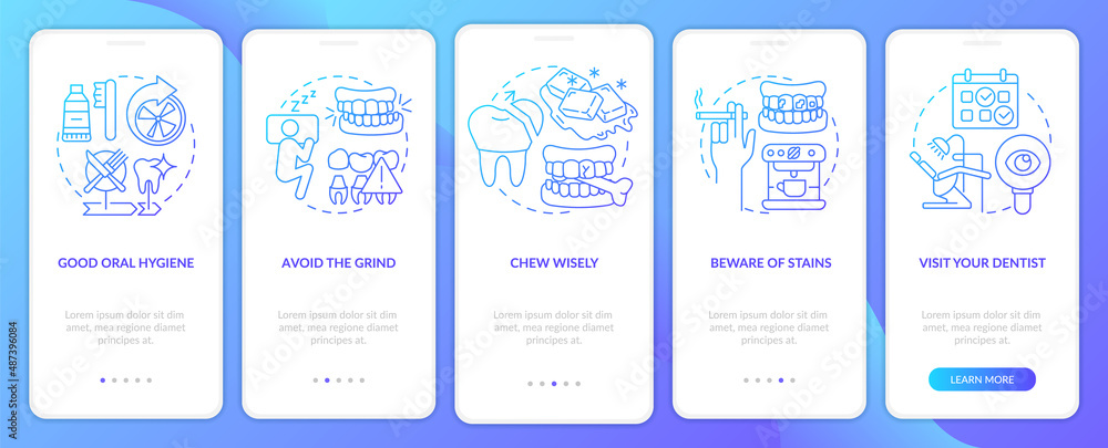 Veneers maintenance blue gradient onboarding mobile app screen. Walkthrough 5 steps graphic instructions pages with linear concepts. UI, UX, GUI template. Myriad Pro-Bold, Regular fonts used