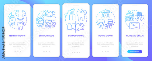 Cosmetic enhancement types blue gradient onboarding mobile app screen. Walkthrough 5 steps graphic instructions pages with linear concepts. UI, UX, GUI template. Myriad Pro-Bold, Regular fonts used