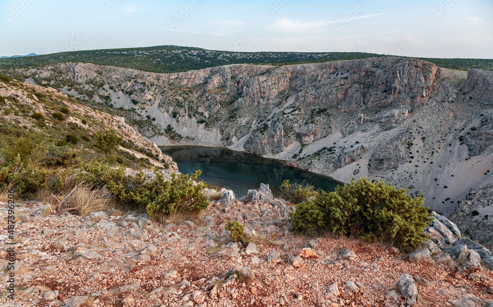 Zrmanja canyon at sunset, Croatia. Aerial view of a beautiful wild nature landscape of a river in canyon Parizevacka Glavica. Zrmanja canyon at sunset, Croatia. Aerial view of a beautiful wild nature landscape of a river in canyon Parizevacka Glavica.