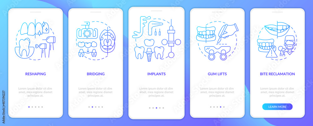 Esthetic dentistry procedures blue gradient onboarding mobile app screen. Walkthrough 5 steps graphic instructions pages with linear concepts. UI, UX, GUI template. Myriad Pro-Bold, Regular fonts used