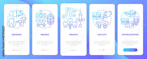 Esthetic dentistry procedures blue gradient onboarding mobile app screen. Walkthrough 5 steps graphic instructions pages with linear concepts. UI, UX, GUI template. Myriad Pro-Bold, Regular fonts used