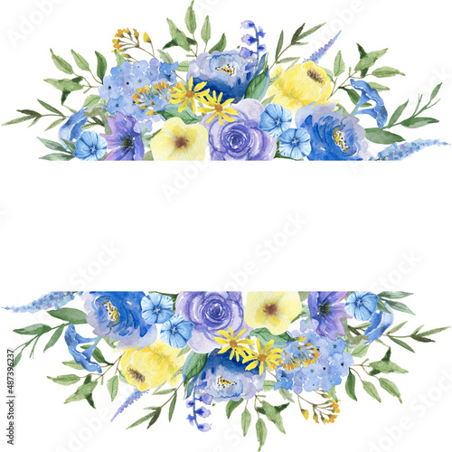 Hand painted Spring Floral Frame, Watercolor Blue and Yellow Flowers Frame, Hydrangea, Roses, Peony, Wildflowers Summer Border, Isolated on white, Wedding, Design, Eco, Nature Empty Frame