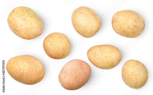 eight whole potatoes on a white isolated background