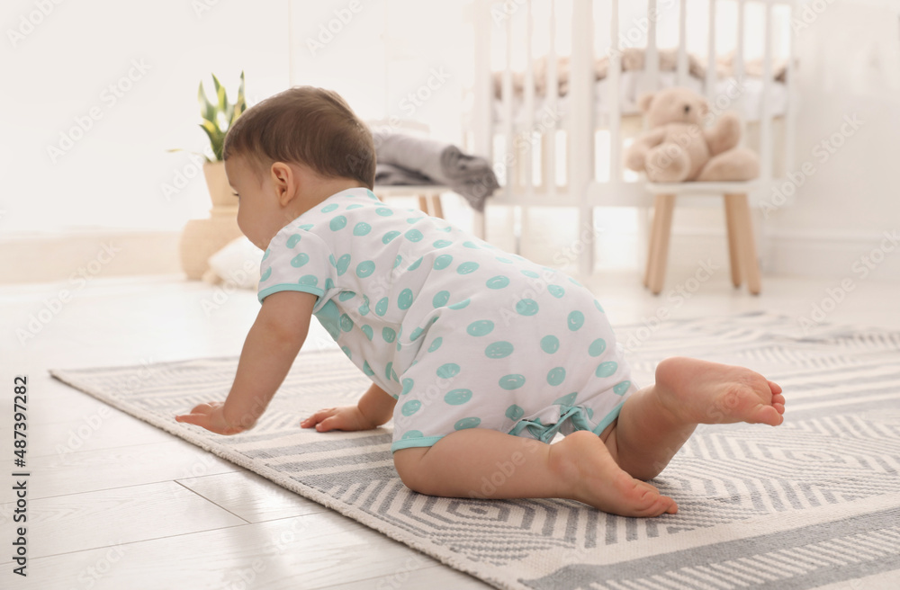 Fototapeta premium Cute baby crawling on floor at home, back view