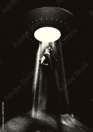 Alien spaceship kidnapping a human with the abduction ray. Retro styled poster with woman or man taken by the ufo or flying saucer. Sci-fi illustration in 50s style