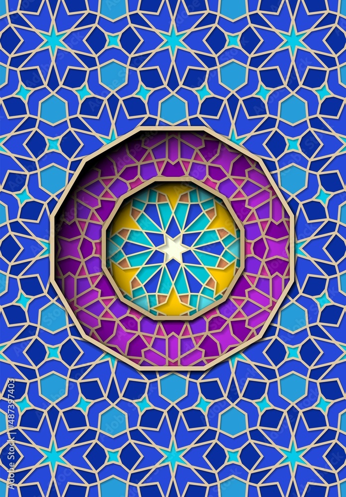 Arabic ornament with girih patterns and round frame element with star. Abstract islamic background with traditional geometric pattern