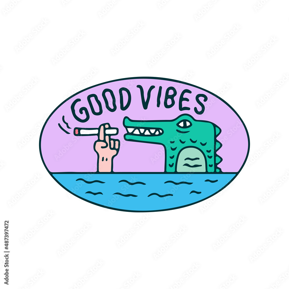 Crocodile smoke a cigarette with good vibes typography, illustration for t-shirt, sticker, or apparel merchandise. With doodle, retro, and cartoon style.