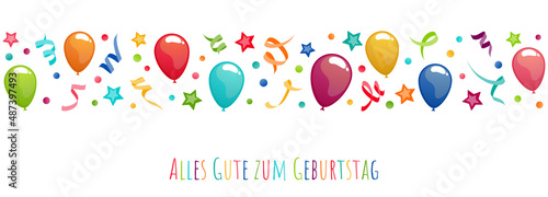 birthday greetings banner with balloons, confetti and streamers