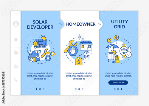 Power purchase agreements provide blue and white onboarding template. Responsive mobile website with linear concept icons. Web page walkthrough 3 step screens. Lato-Bold, Regular fonts used