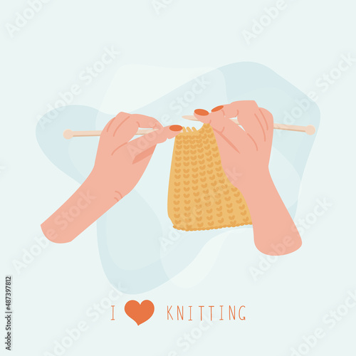 Women’s hands knitting something. Concept of handmade workshop. Leisure and hobby time. Creativity concept. Vector illustration