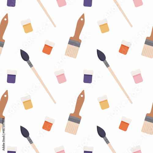 Seamless pattern with art tools. Background, backdrop, texture for art school, art shop, handmade workshop. Ready for wrapping paper, decoration, scrapbooking and design. Vector illustration.