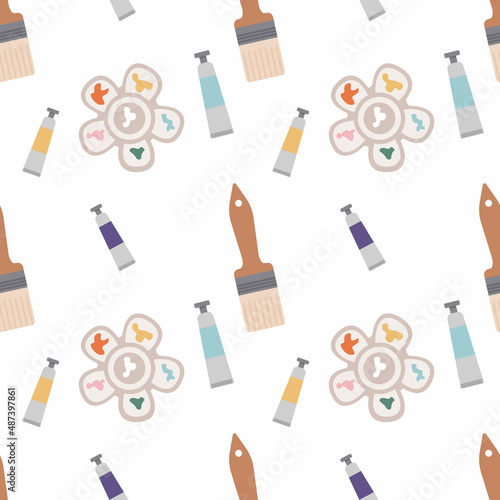 Background for craft design and creativity. Seamless pattern with art tools for handmade workshop, art studio, shop. Ready for wrapping paper, decoration, textile, scrapbooking. Vector illustration