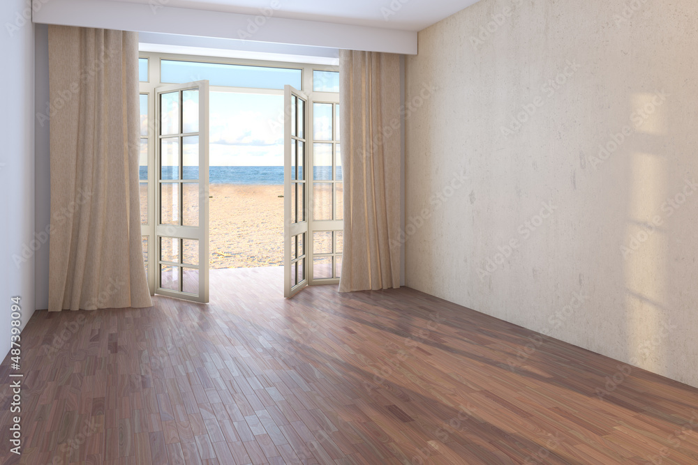 Fototapeta premium Hotel with Sea View. Empty Room with Open Windows Overlooking the Ocean, Yellow Sand and the Clouds. Dark Parquet, Beige Curtains and Beige Stucco Wall. 3D Rendering, 8K Ultra HD, 7680x5121