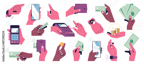 Set of hands making payment. Contactless payment by phone, bank card, watch, devices with nfs. Terminal, wallet, banknotes, coins, phone screen, online money transfers, banking. Vector illustration