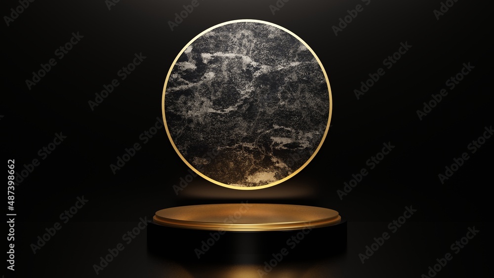 3D Illustration Rendering Black Marble Clean Modern Cosmetic Luxury Golden Podium Stand Present Exhibition Showcase Gallery Promotion Sale New Product Opening Minimal Circular Decorative Platform