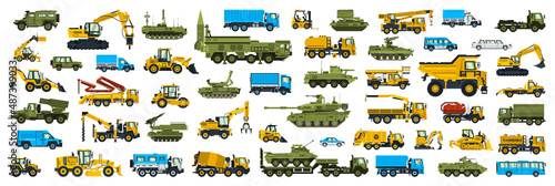 A set of construction and military equipment. Transport collection. Military vehicles, tanks, construction equipment. Vector illustration isolated on white background