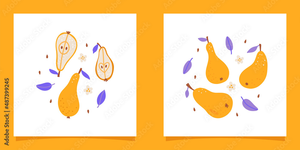 Set of posters with Compositions of abstract pear fruits, pit and botanical elements, leaves. Minimalistic print. Poster, room interior decor, card, clipart. Flat hand drawn vector illustration