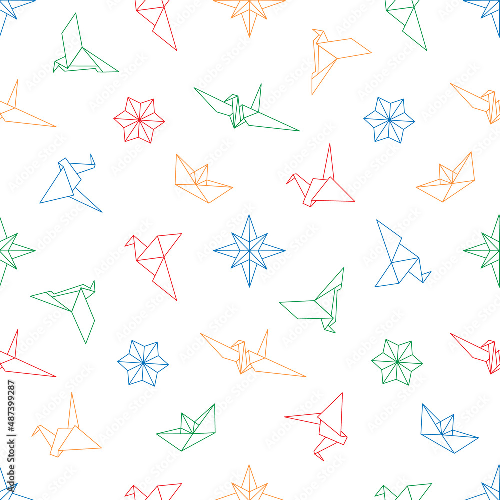 Obraz premium Seamless pattern with Origami figures star, birds, ship in line style. Color vector illustration on white background