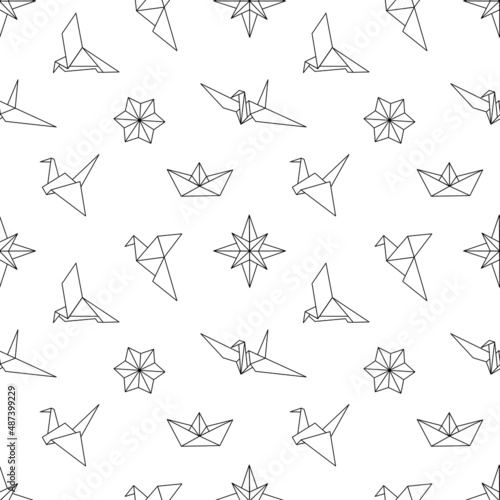 Seamless pattern with Origami figures star  birds  ship in line style. Black and white vector illustration on white background