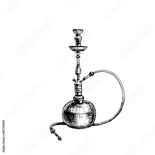 Hookah. Vintage hatching black illustration isolated on white