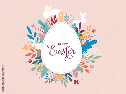 Happy Easter banner, poster, greeting card. Trendy Easter design with typography, bunnies, flowers, eggs, bunny ears, in pastel colors. Modern minimal style