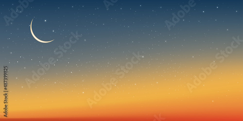 Islamic greeting Ramadan Kareem card design background with Crescent moon on dusk sky background,Vector Milky Way with Starry,Beautiful sunset,Religions symbolic of Islamic, Muslim for Eid Mubarak