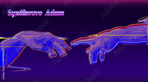 Canvas Print Abstract concept glitch art design illustration of reaching hands in pink and blue synthwave style  isolated on black background