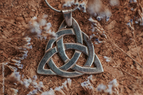 silver triquetra pendant on a wooden table in dry flowers