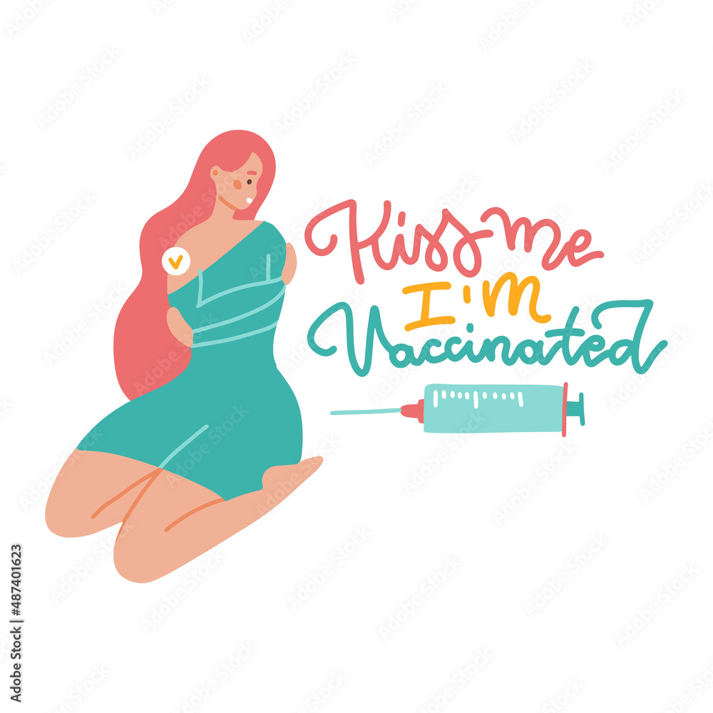Young woman vaccinated from covid in a dress. Kiss me, I'm vaccinated - lettering quote. Vector flat isolated illustration on white background. Young woman vaccinated from covid in a dress. Kiss me, I'm vaccinated - lettering quote. Vector flat isolated illustration on white background.