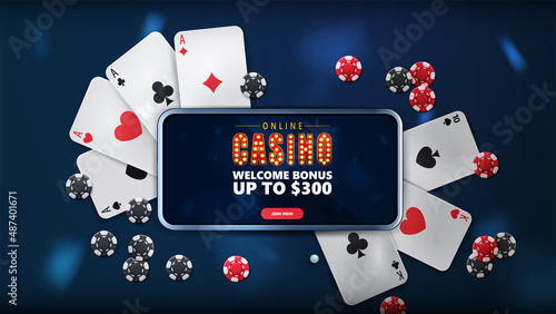Online casino, blue banner with smartphone with offer, playing cards and poker chips, top view