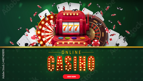 Online casino, green banner with button, slot machine, Casino Wheel Fortune, Roulette, falling poker chips and playing cards.