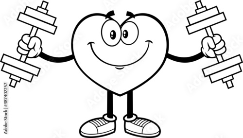 Outlined Smiling Heart Cartoon Character Training With Dumbbells. Vector Hand Drawn Illustration Isolated On White Background
