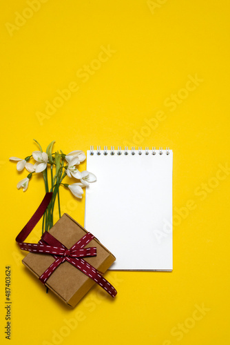sheet for writing, snowdrops, gift box on a yellow background. card, congratulations on March 8. place for text