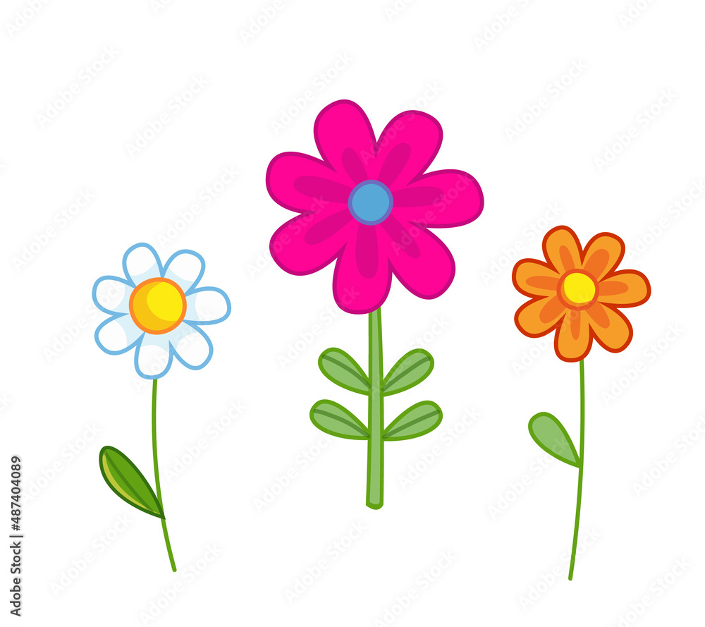 Set of multi-colored flowers. Vector illustration in cartoon childish style. Isolated funny clipart. Nice floral print.
