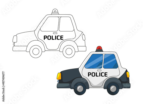 Coloring set and example of a police car. Cute police car with outlines and siren. A company car for chasing a criminal. Vector illustration in cartoon childish style. Isolated funny clipart, print.