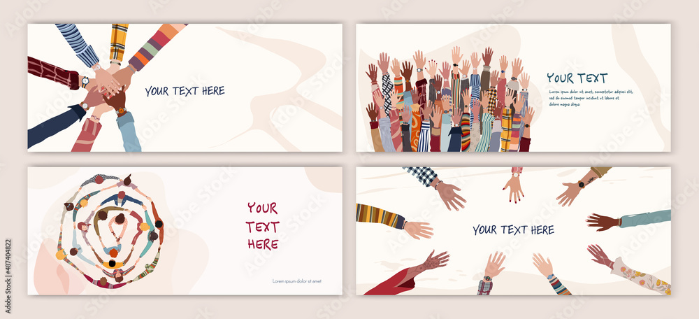 Volunteer people group concept banner - cover - poster editable template. Raised arms and hands of multiethnic people. Multicultural people holding hands. Hands in a circle. Team concept - obrazy, fototapety, plakaty 