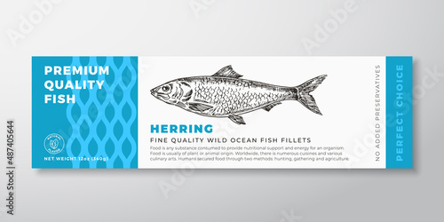Premium Quality Herring Vector Packaging Label Design Modern Typography and Hand Drawn Fish Silhouette Seafood Product Background Layout