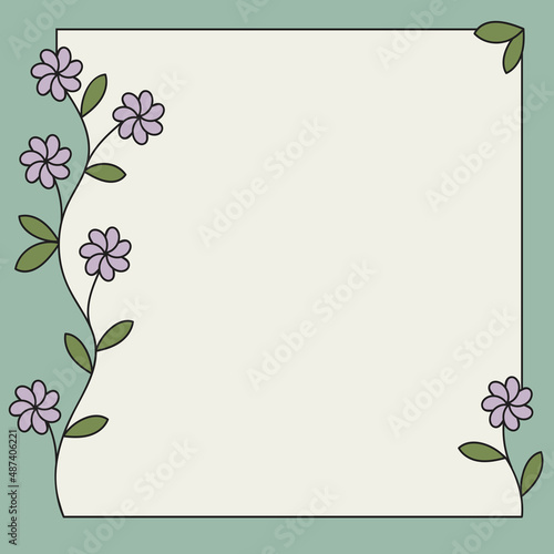 empty flower frame for publication, black outline, white background, branch with flowers and leaves, spring theme, romantic mood, flat vector illustration