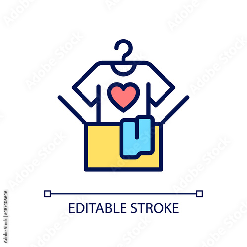 Clothes donation pixel perfect RGB color icon. Donating unwanted old clothing. Give away goods for free. Isolated vector illustration. Simple filled line drawing. Editable stroke. Arial font used