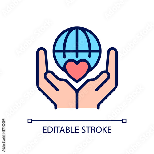 Charitable organization pixel perfect RGB color icon. Philanthropic group. International crowdfunding. Isolated vector illustration. Simple filled line drawing. Editable stroke. Arial font used