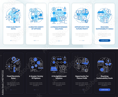 Pros of PPA night and day mode onboarding mobile app screen. Benefits walkthrough 5 steps graphic instructions pages with linear concepts. UI, UX, GUI template. Myriad Pro-Bold, Regular fonts used