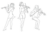 Collection. Silhouette of a beautiful woman with a violin in a modern continuous line style. Violinist girl, slender. Aesthetic decor outline, posters, stickers, logo. Vector illustration set.