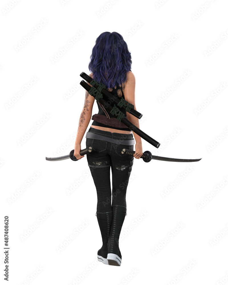 Urban fantasy woman with purple hair and tattoos wearing black goth outfit walking away with a sword in each hand. 3D rendering isolated on white background. Urban fantasy woman with purple hair and tattoos wearing black goth outfit walking away with a sword in each hand. 3D rendering isolated on white background.