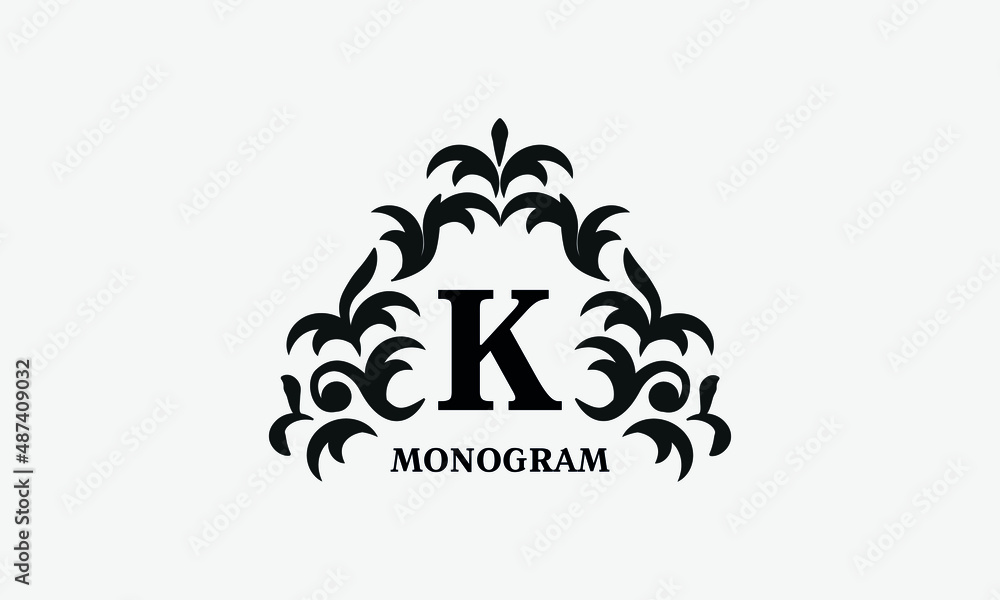 Elegant floral logo design template for letter K. Calligraphic dark elegant ornament on white background. Business sign, identity monogram for restaurant, boutique, hotel, heraldic, jewelry. Elegant floral logo design template for letter K. Calligraphic dark elegant ornament on white background. Business sign, identity monogram for restaurant, boutique, hotel, heraldic, jewelry.