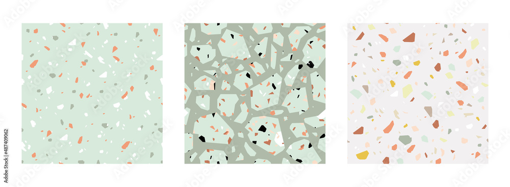 Elegant seamless vector terrazzo fashion pattern set. Modern stone floor, tile design textures. Earthy colours: terracotta, green and beige backgrounds and elements. Abstract digital illustration