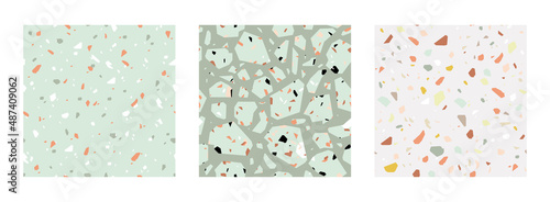Elegant seamless vector terrazzo fashion pattern set. Modern stone floor, tile design textures. Earthy colours: terracotta, green and beige backgrounds and elements. Abstract digital illustration
