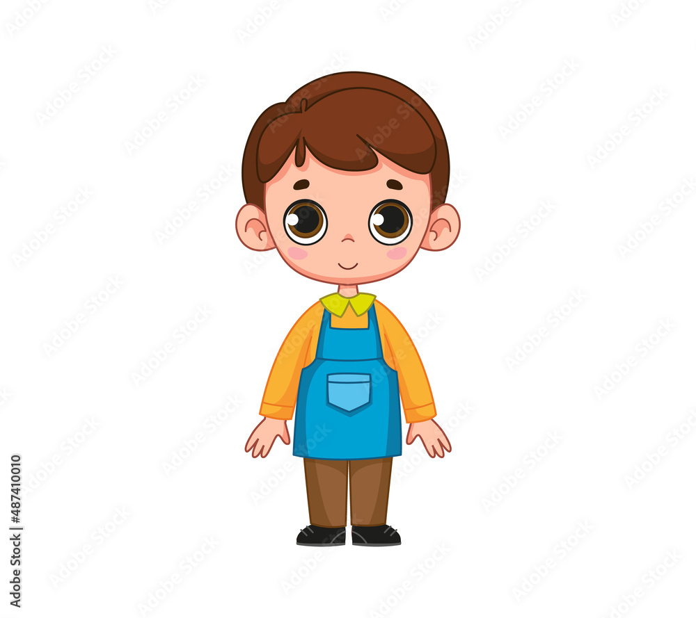 Cute little boy in blue apron, florist and gardener outfit. Vector illustration of a character in a cartoon childish style. Isolated funny male clipart. cute desktop print.