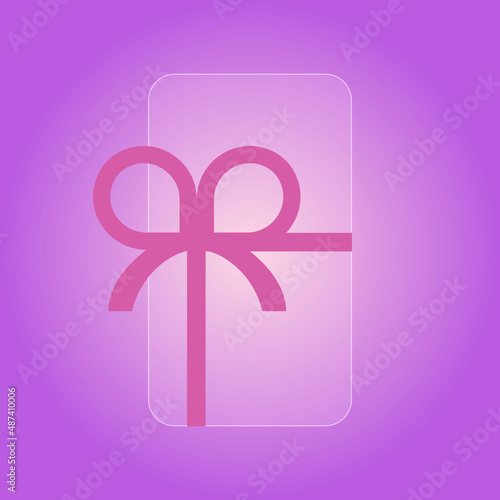 Banner in glassmorphism style with rounded corners vertical rectangle with frosted glass effect, tied with a gift bow on a gradient background with glow effect