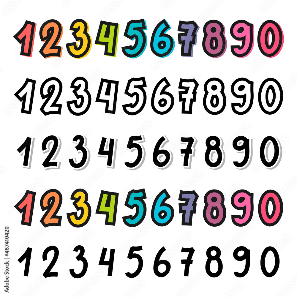 Set of hand drawn ten numbers from zero to nine. Numeral collection. Math