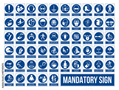 Set of Mandatory Sign. Work Safety Equipment Signs In White Pictogram. ISO 7010 Sign. photo